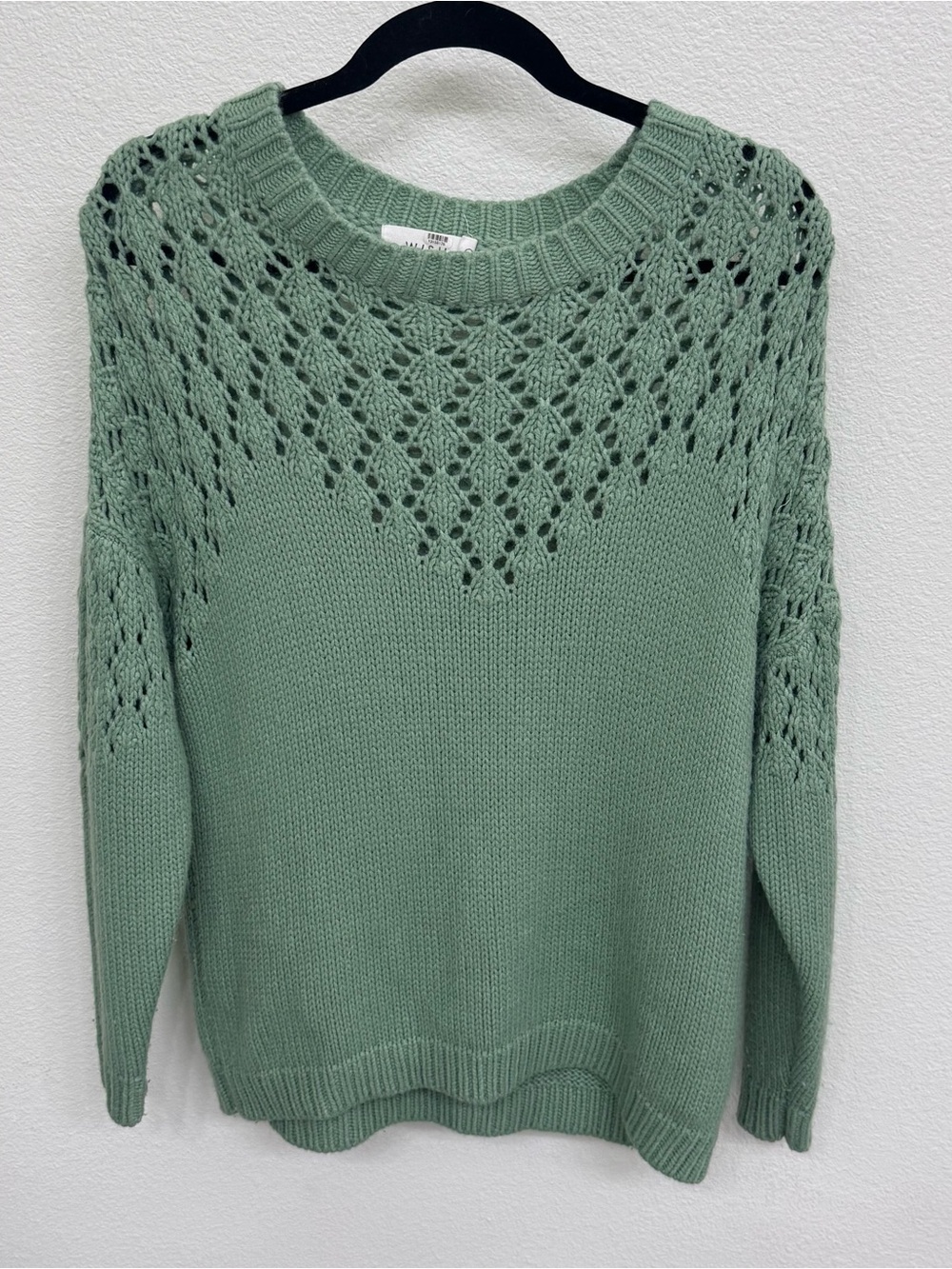 Wish Sage Green Open-Knit Crewneck Sweater